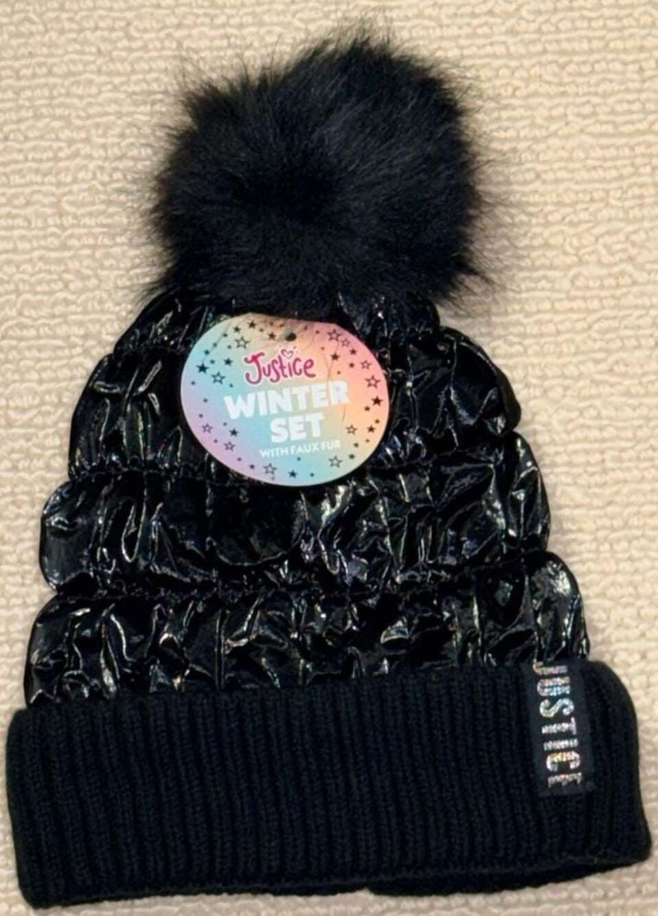 Justice Girls Metallic Puffer Beanie Hat With Fux Fur Pom Pom Black